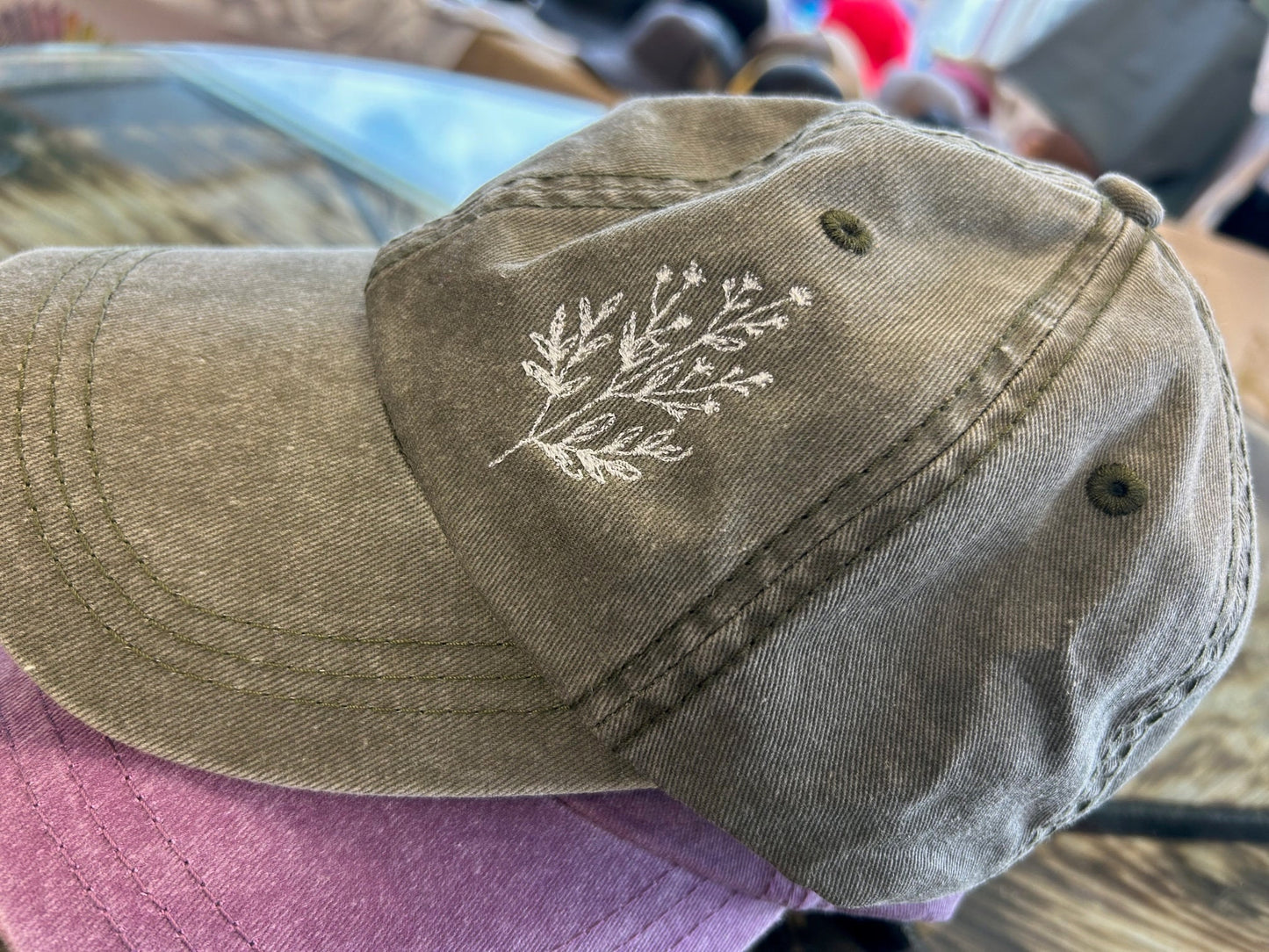 Flower Embroidered Dad Cap - Pigment-Dyed Cap - dad cap - custom hat, custom cap, ladies cap, unisex cap