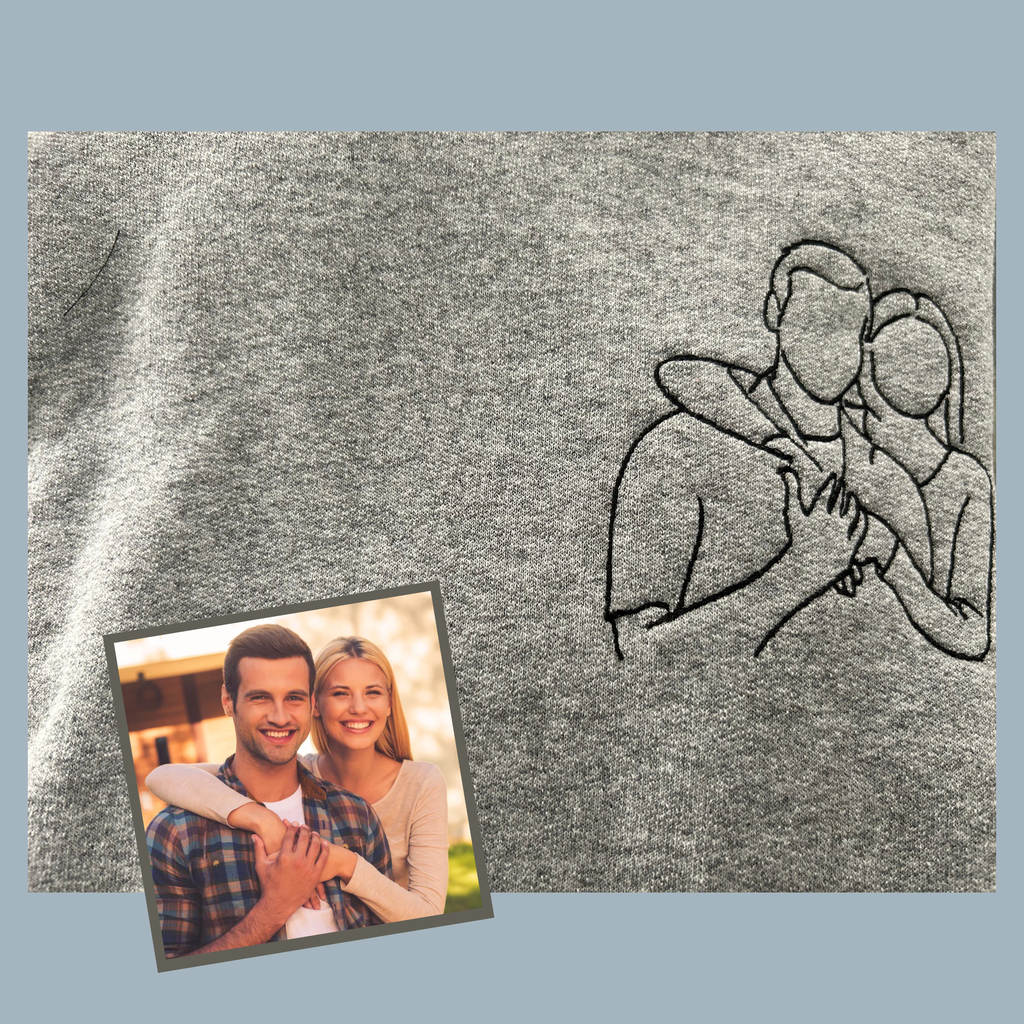 Custom Embroidered Text Crewneck Sweatshirt - photo outlines - couples, dog, cat, dad with baby