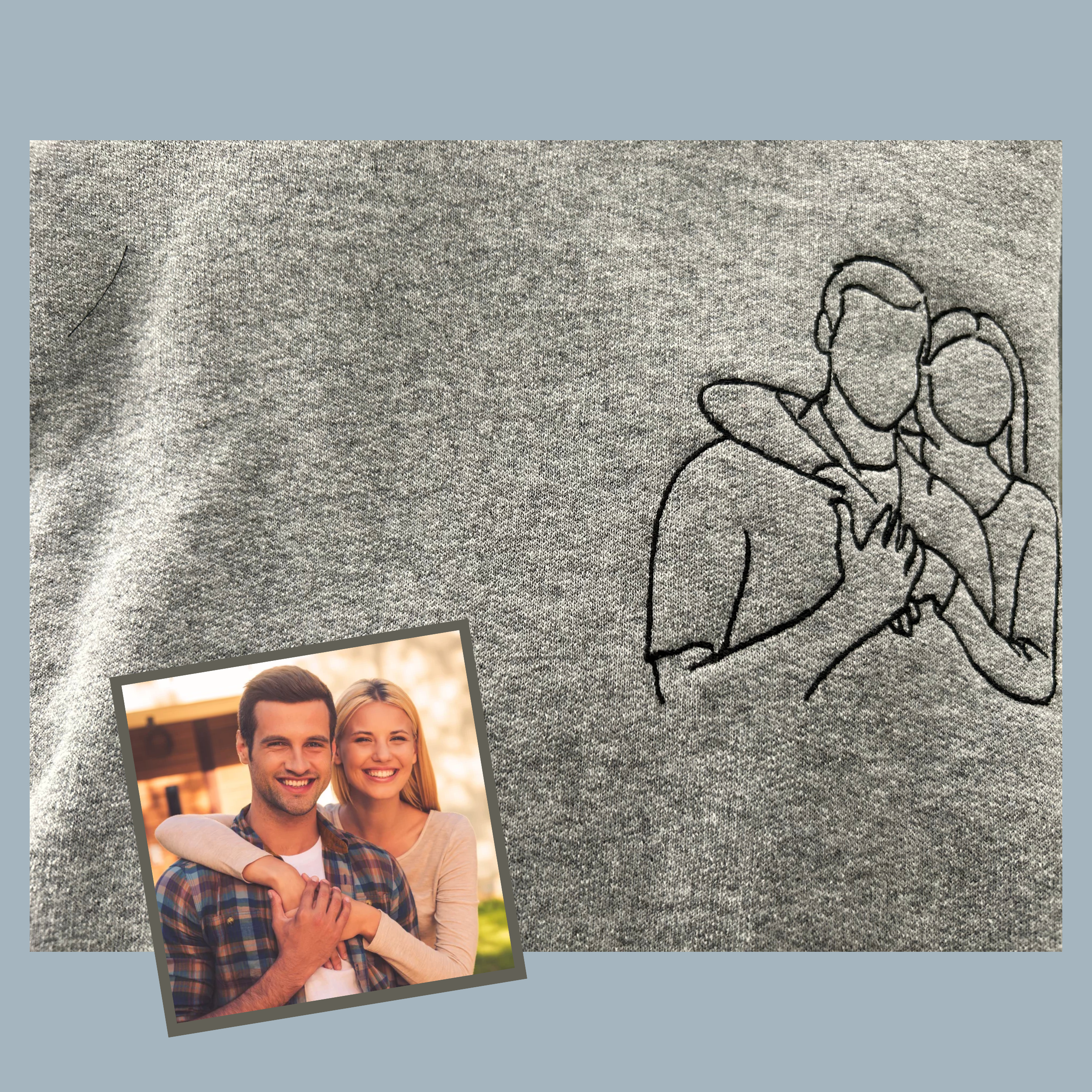 Custom Embroidered Text Crewneck Sweatshirt - photo outlines - couples, dog, cat, dad with baby