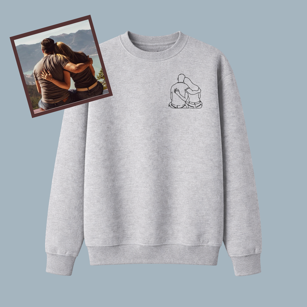 Custom Embroidered Text Crewneck Sweatshirt - photo outlines - couples, dog, cat, dad with baby