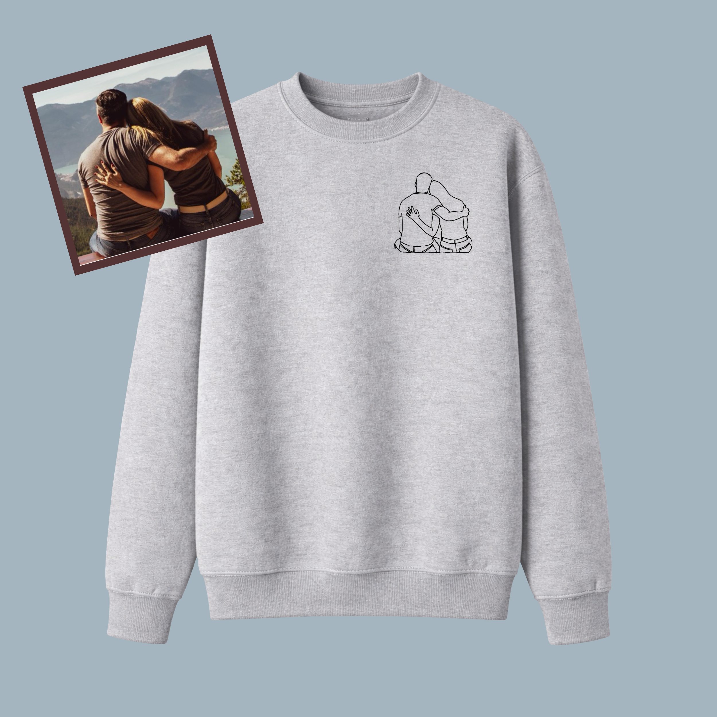 Custom Embroidered Text Crewneck Sweatshirt - photo outlines - couples, dog, cat, dad with baby