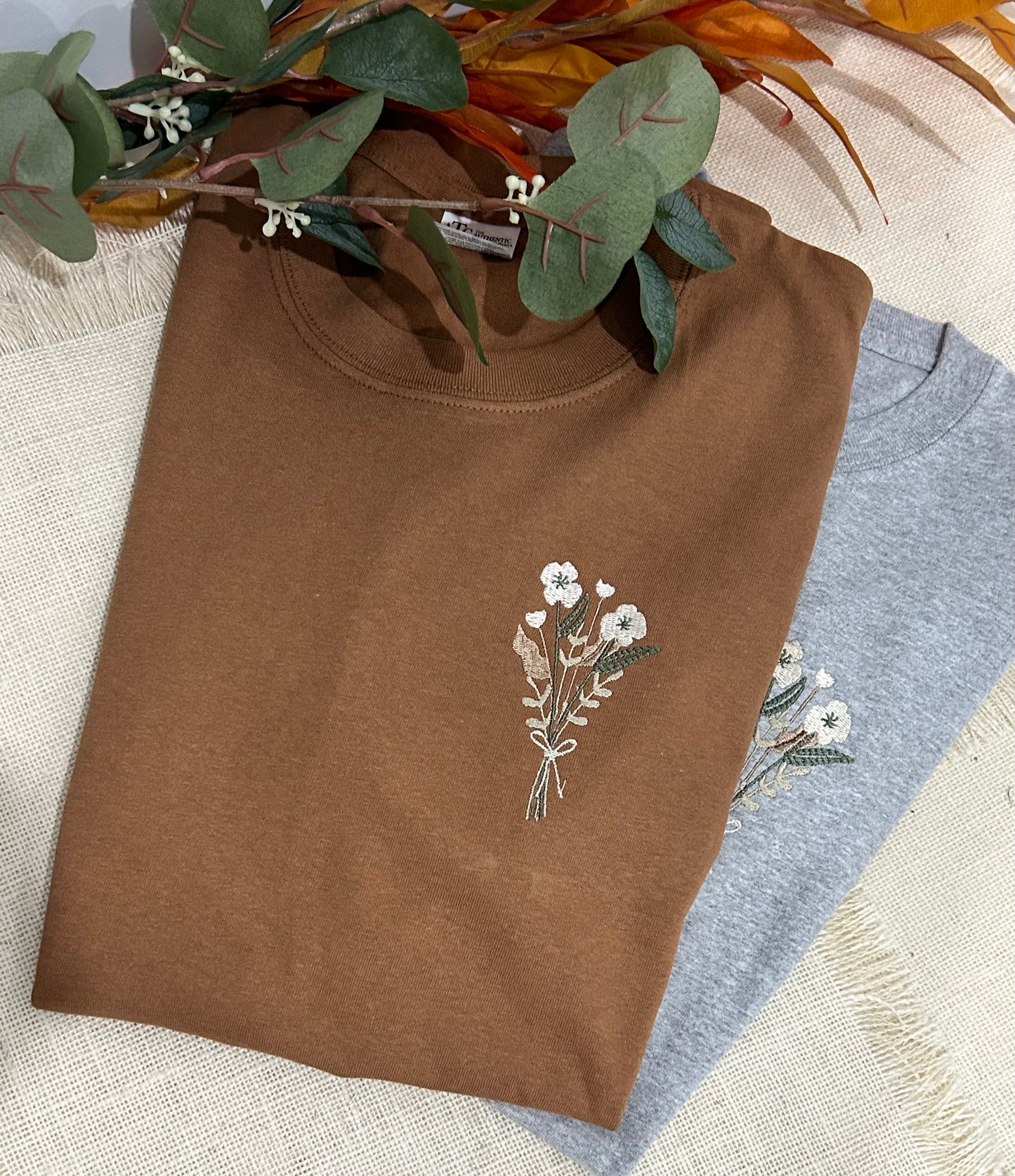 Earth Colours - Flower embroidered t-shirts - Caramel, Oatmeal, Ash Grey T-shirts.