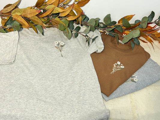 Earth Colours - Flower embroidered t-shirts - Caramel, Oatmeal, Ash Grey T-shirts.