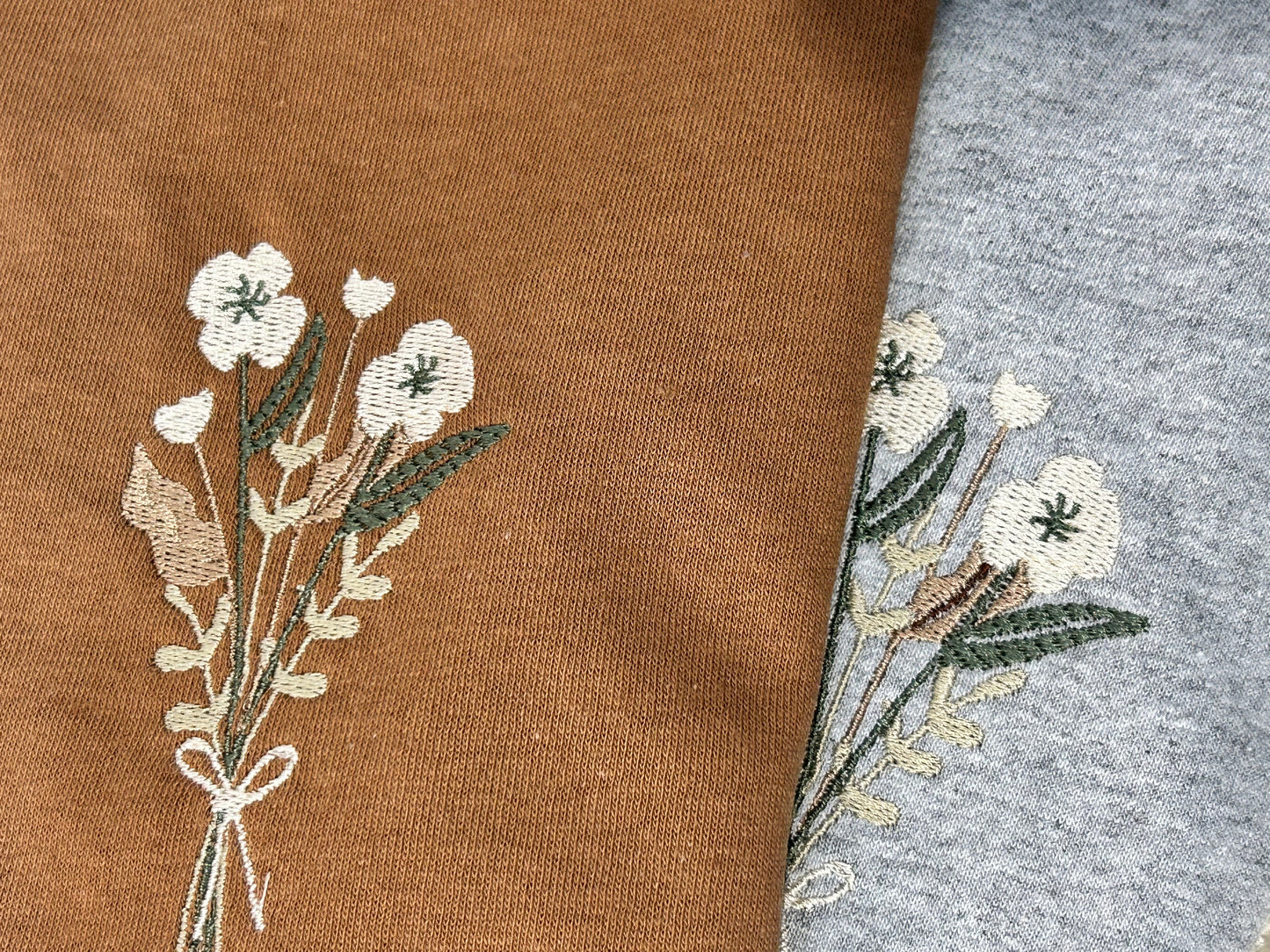 Earth Colours - Flower embroidered t-shirts - Caramel, Oatmeal, Ash Grey T-shirts.