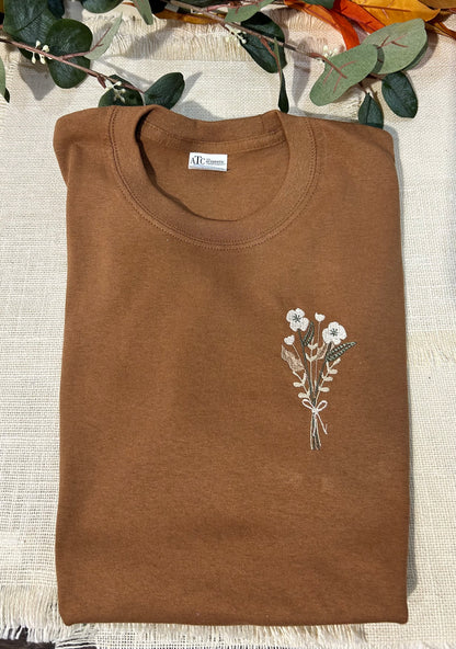 Earth Colours - Flower embroidered t-shirts - Caramel, Oatmeal, Ash Grey T-shirts.