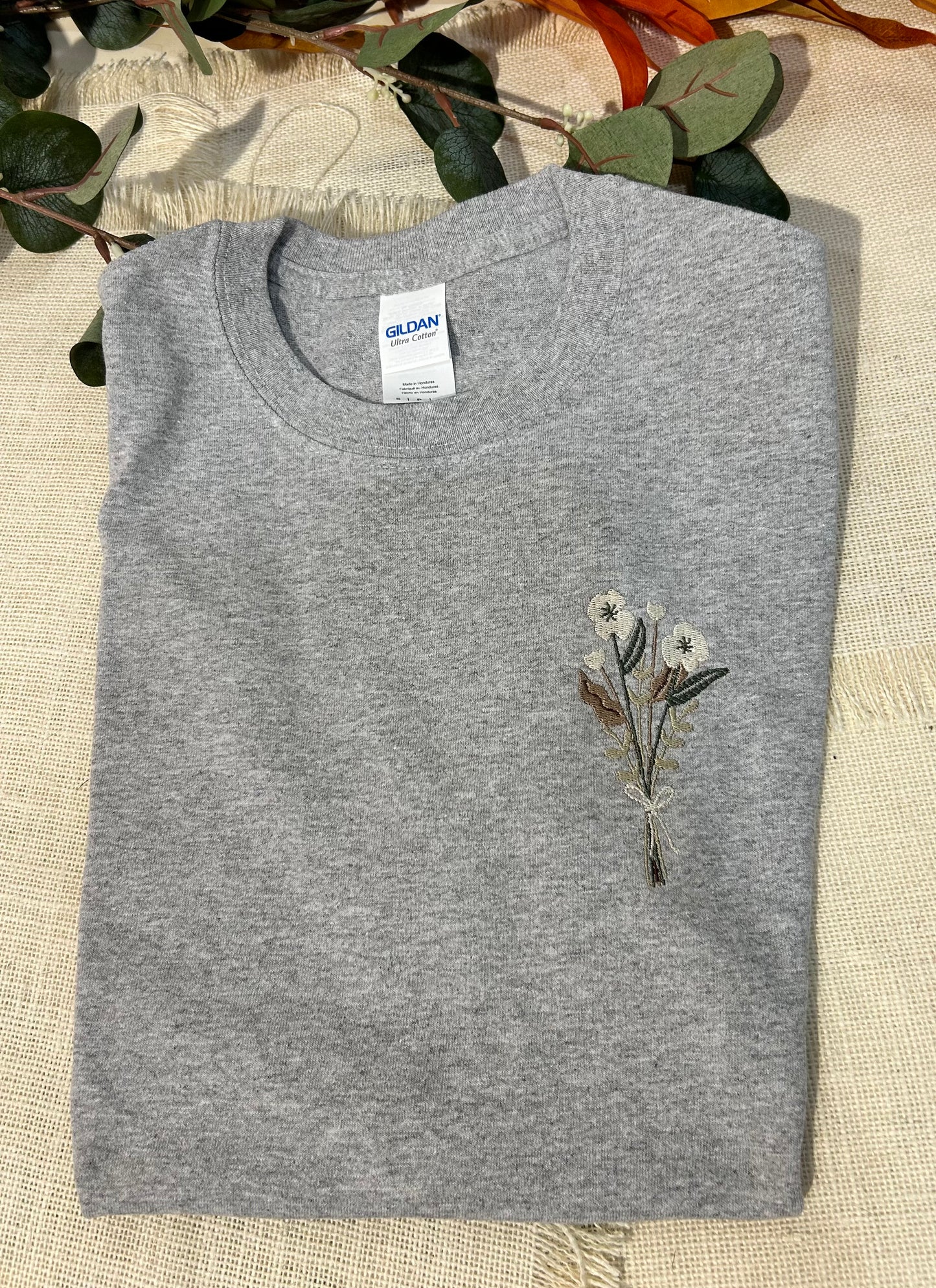 Earth Colours - Flower embroidered t-shirts - Caramel, Oatmeal, Ash Grey T-shirts.