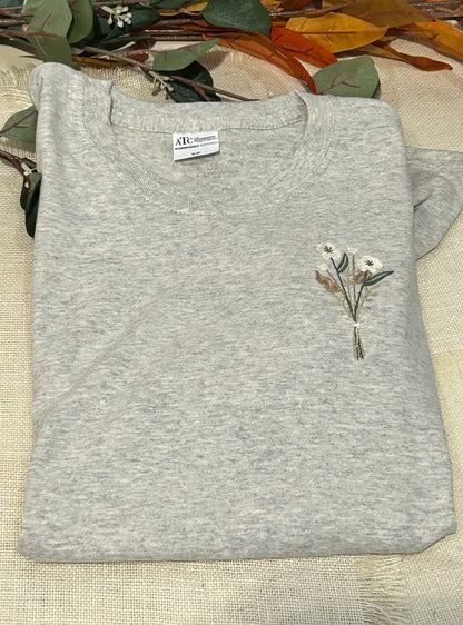 Earth Colours - Flower embroidered t-shirts - Caramel, Oatmeal, Ash Grey T-shirts.