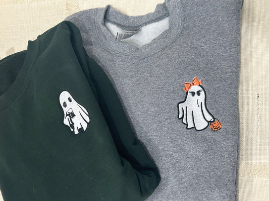 Halloween - Ghost holding beer + heart - matching sweatshirt -  embroidered crewneck sweatshirt -