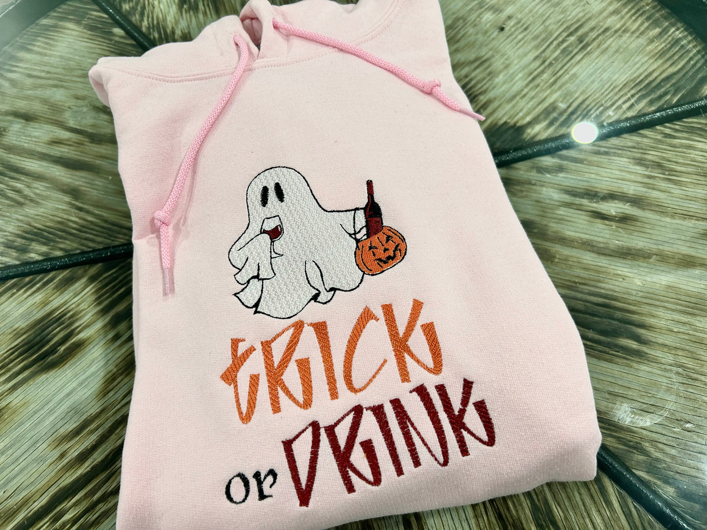 Trick or drink embroidered hoodie - ghost drinking wine