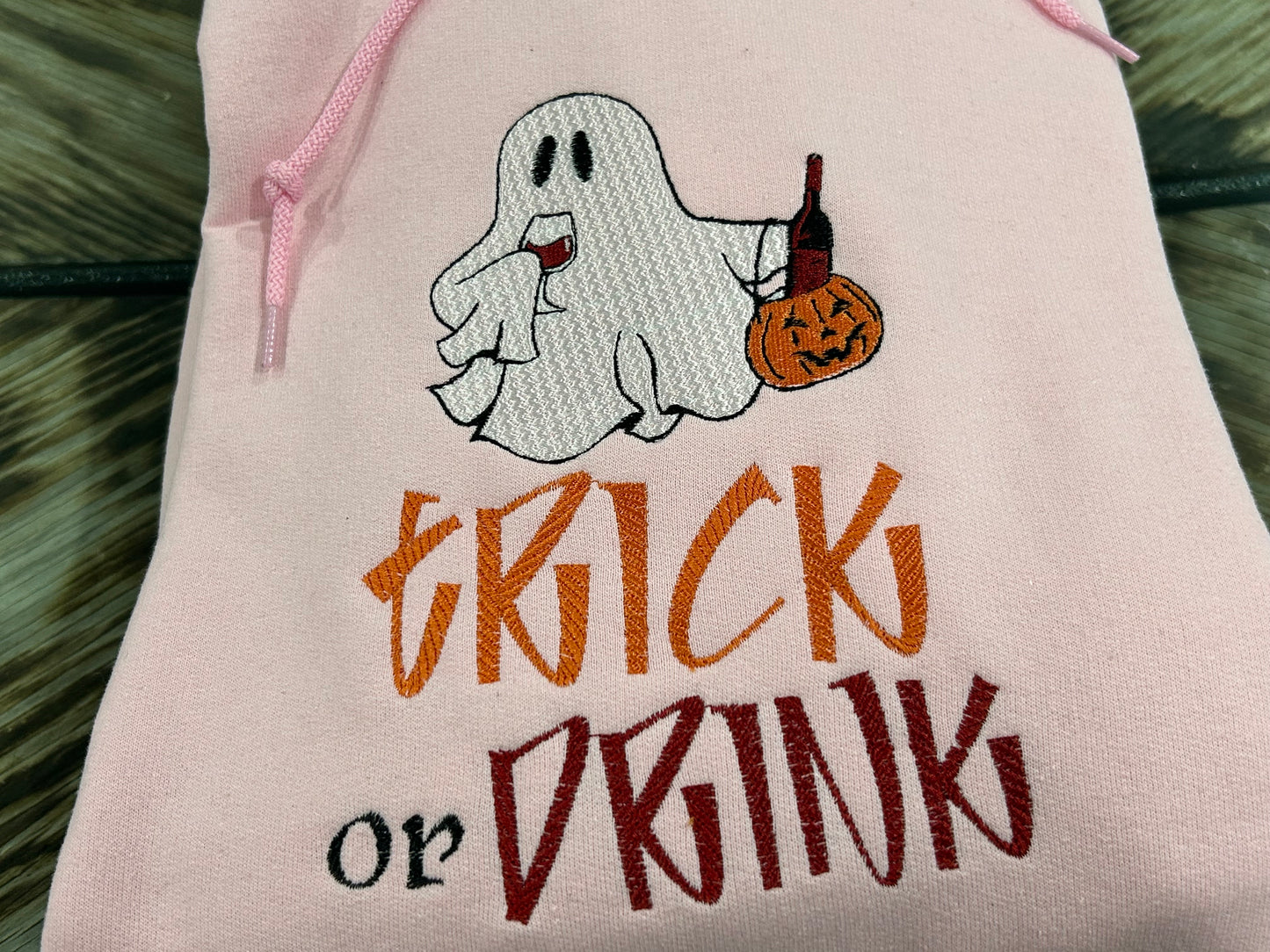 Trick or drink embroidered hoodie - ghost drinking wine