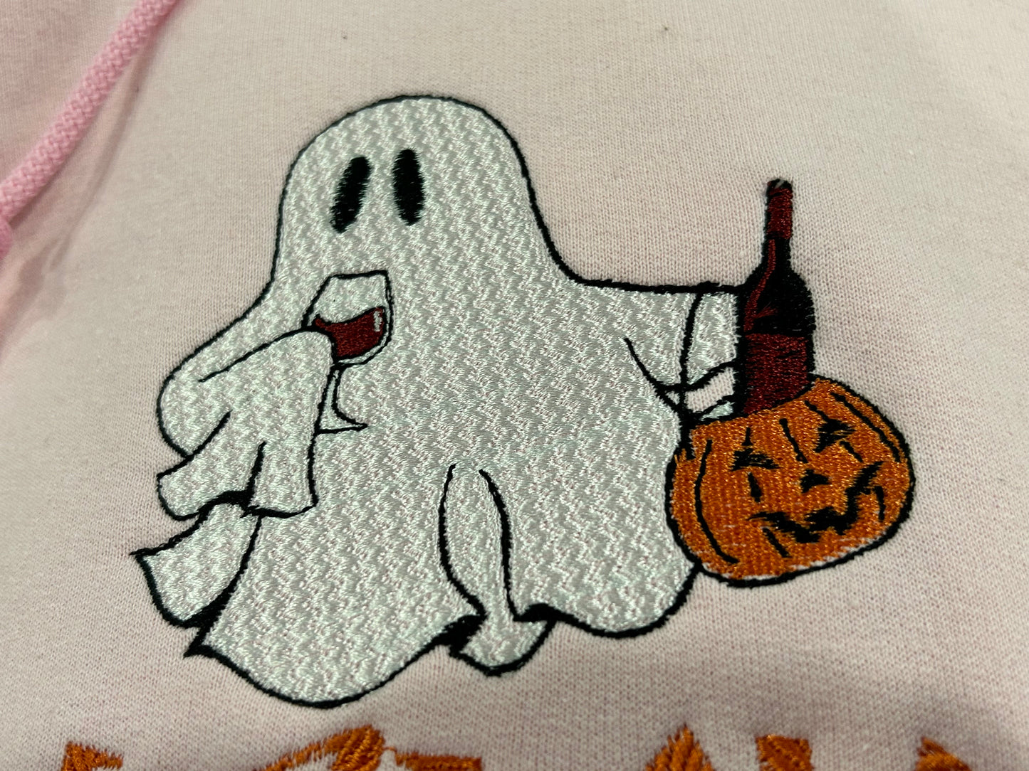 Trick or drink embroidered hoodie - ghost drinking wine