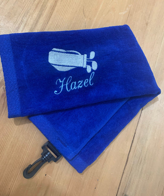 Personalized Velour Golf Towel - embroidered golf towel -  tri-folded golf towel - Golf Bag Embroidery Towel - Golf Bag + name towel - Gifts