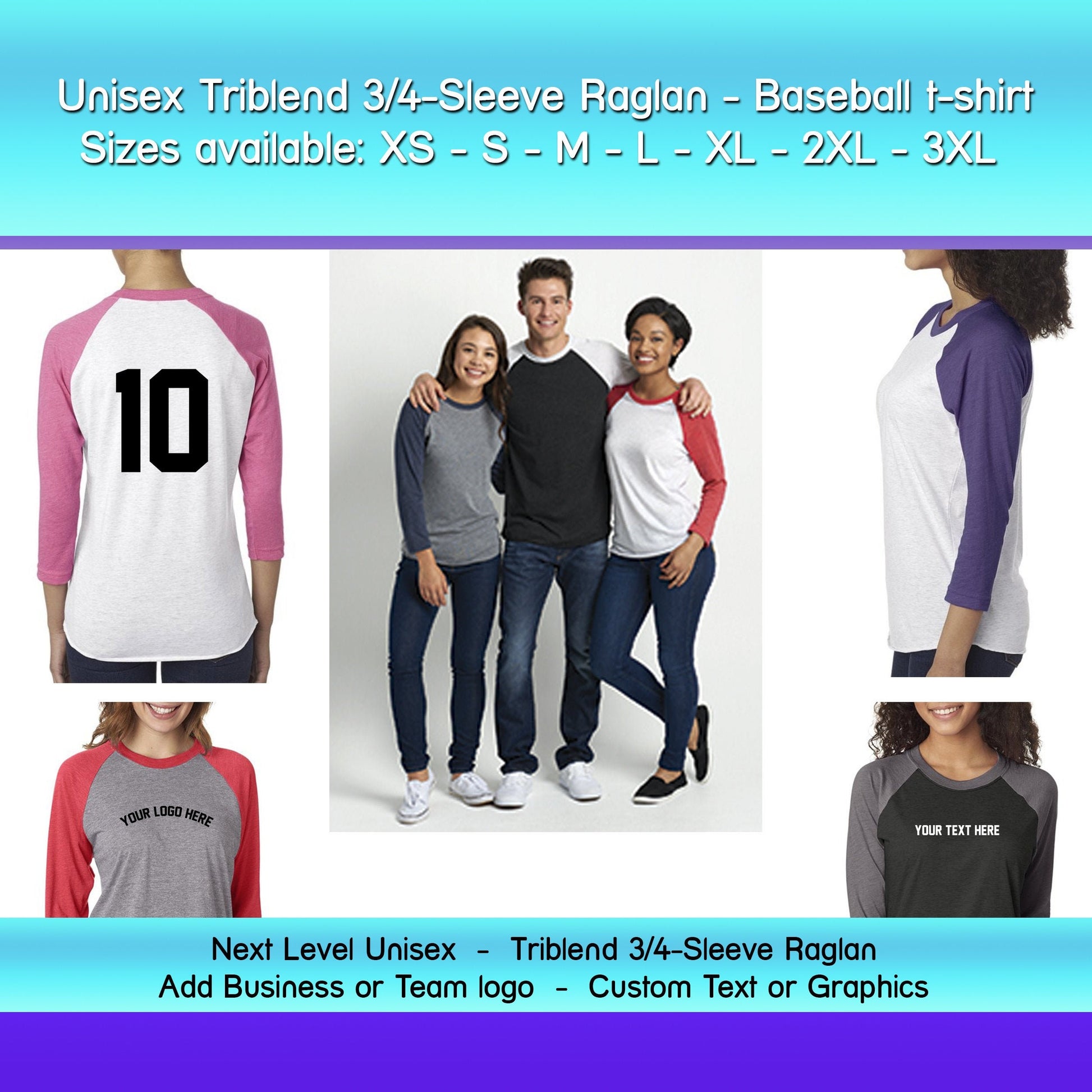 Unisex Triblend 3/4-Sleeve Raglan - Baseball shirt - Baseball t-shirt - team + logo shirt - Custom raglan with logo