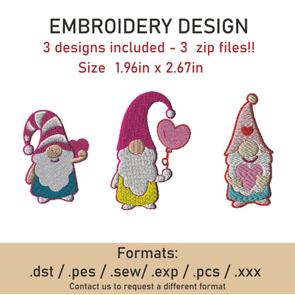 3 gnomes - valentine's day  embroidery Design. Machine Embroidery Design. gnome Pattern. Instant Download