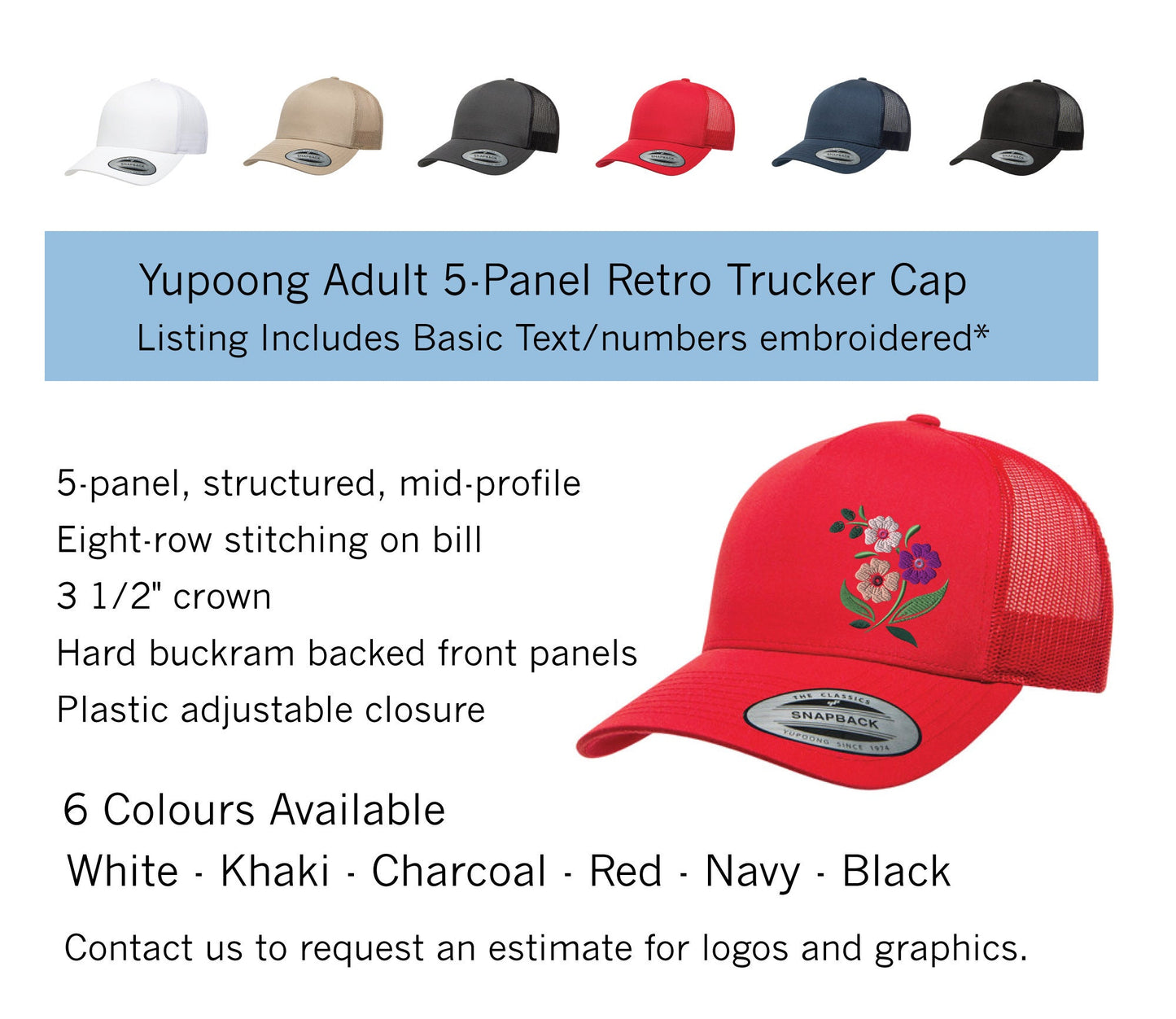 Custom Embroidered Truckers - printed hats - personalized trucker with name or text embroidered -5 panel trucker