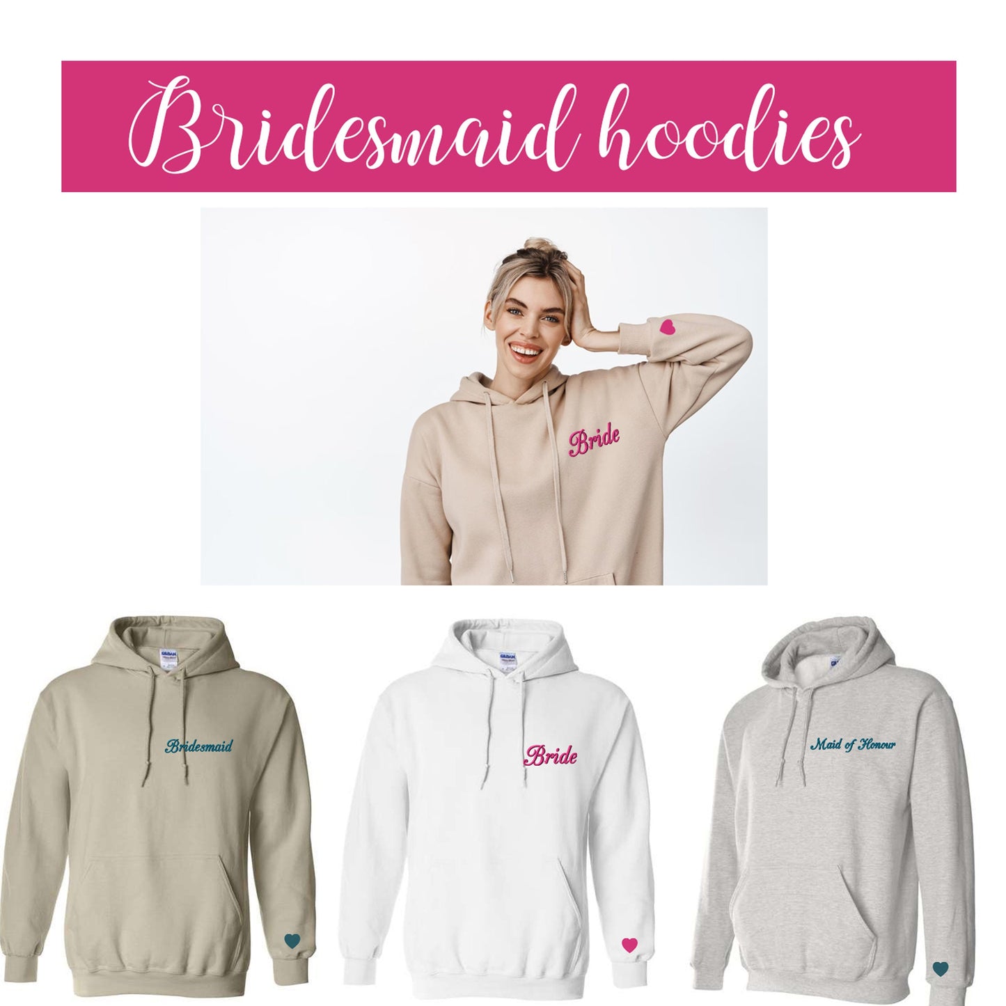 Custom embroidered hoodie - personalized hoodie  - embroidered Bridesmaid + initials, heart  - Valentine's gift - bridesmaids hoodies