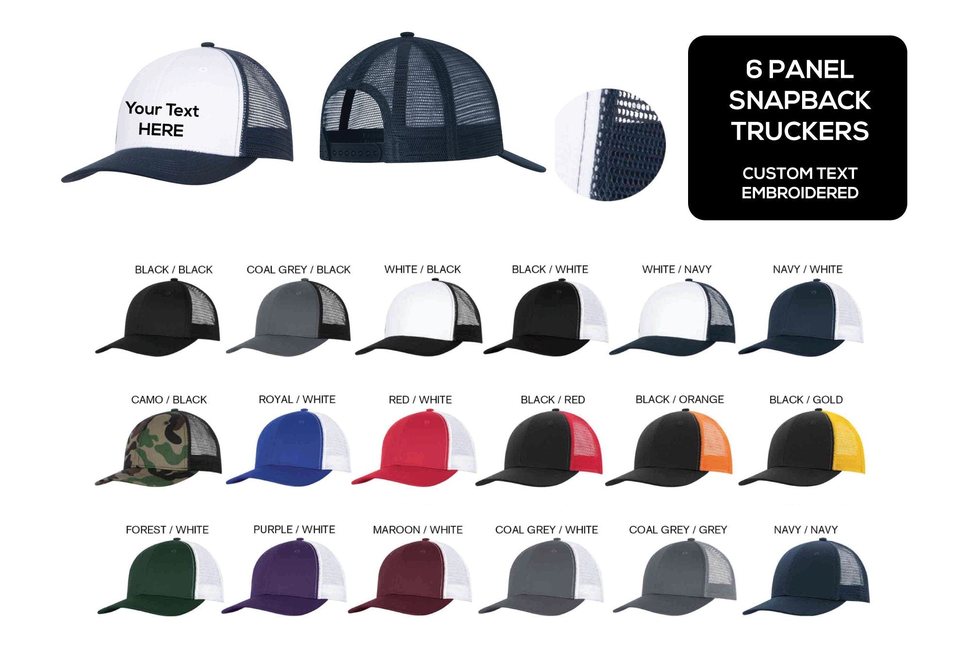 Custom logo truckers - add your logo or text - quantity discounts - business, sports team, bachelor mesh hats