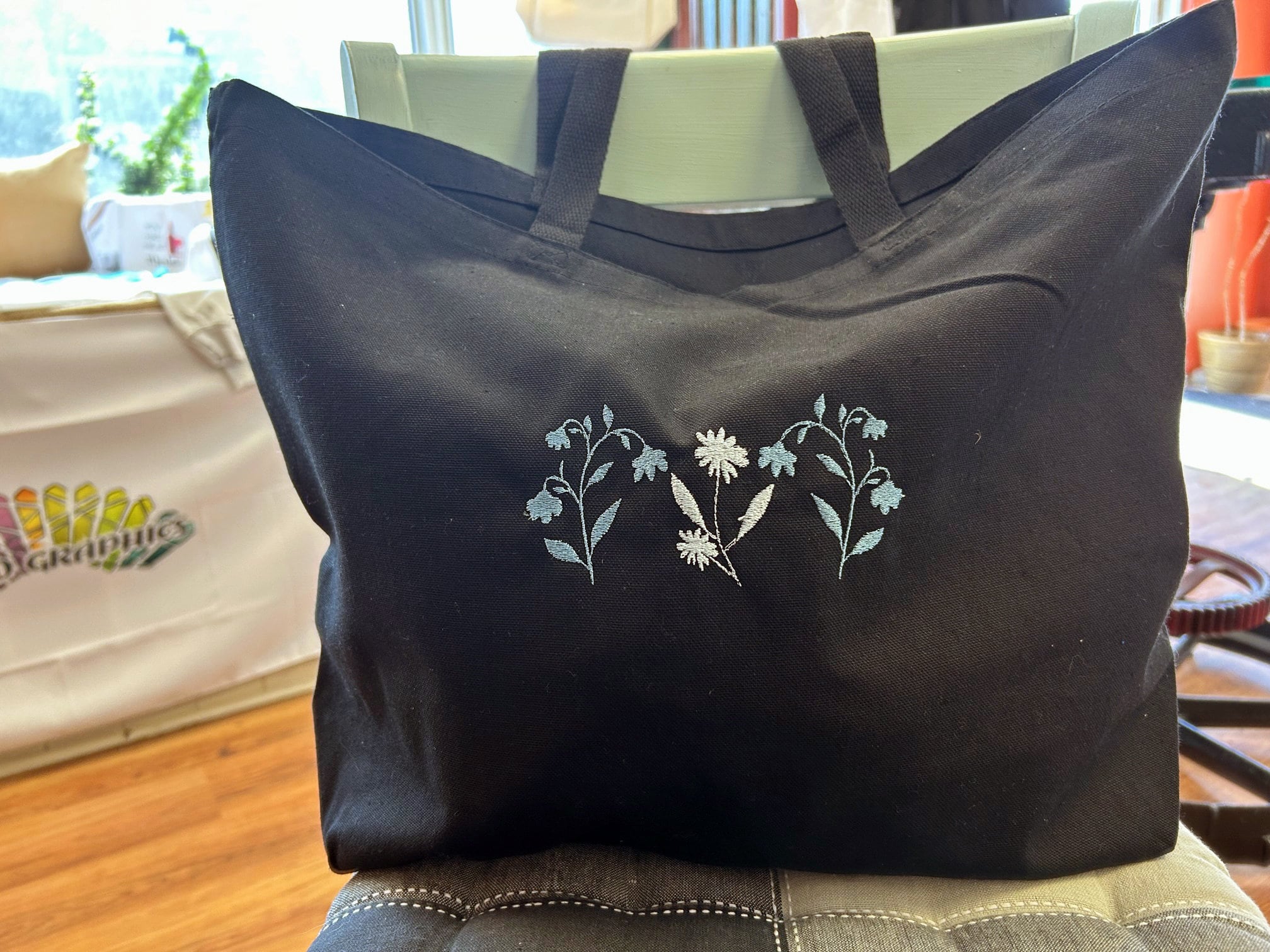 Embroidered tote bag with flowers. - add text or name to the design