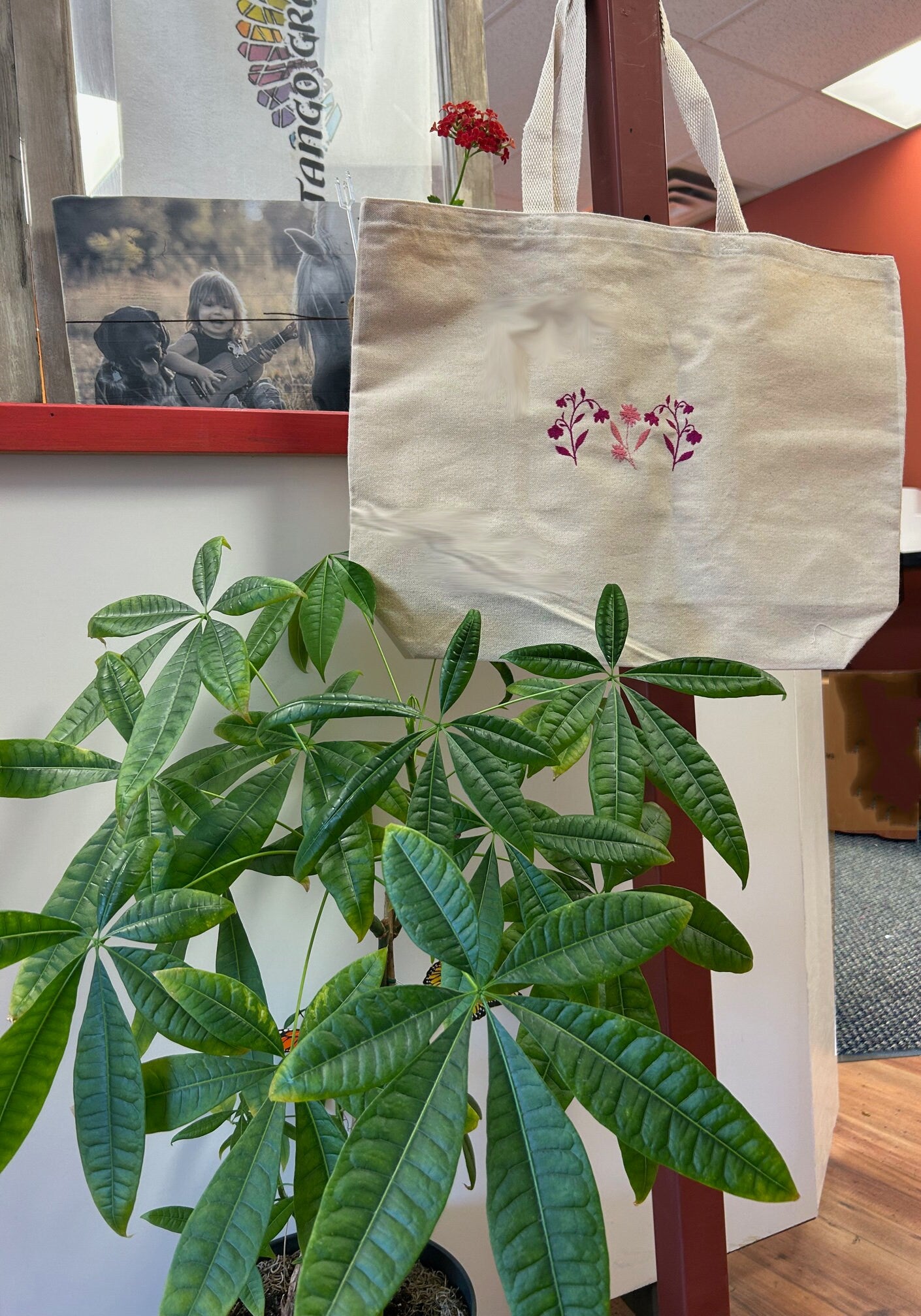 Embroidered tote bag with flowers. - add text or name to the design