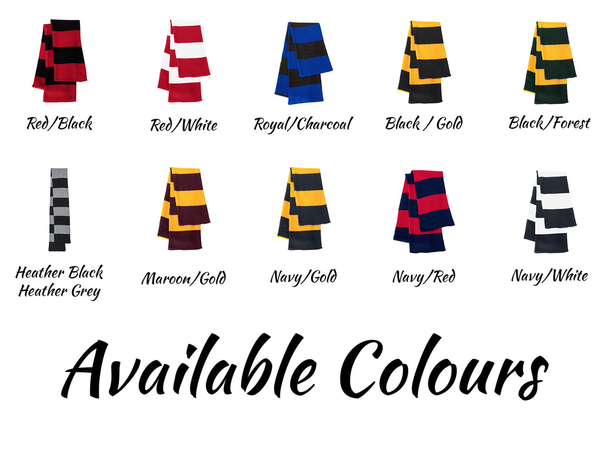 Custom embroidered Sports scarf. Scarves - 10 colours available - personalized scarves - Rugby-Striped Knit Scarf