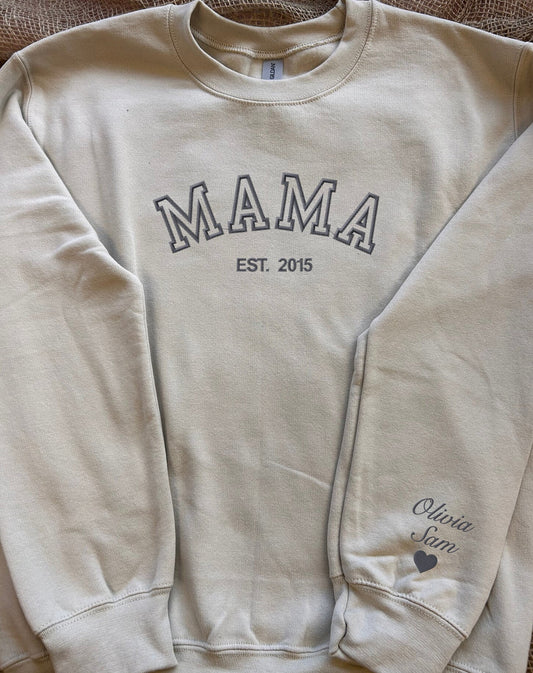 Custom embroidered crewneck sweatshirt - personalized sweatshirt  - embroidered MAMA + names or initials + heart  - christmas gift