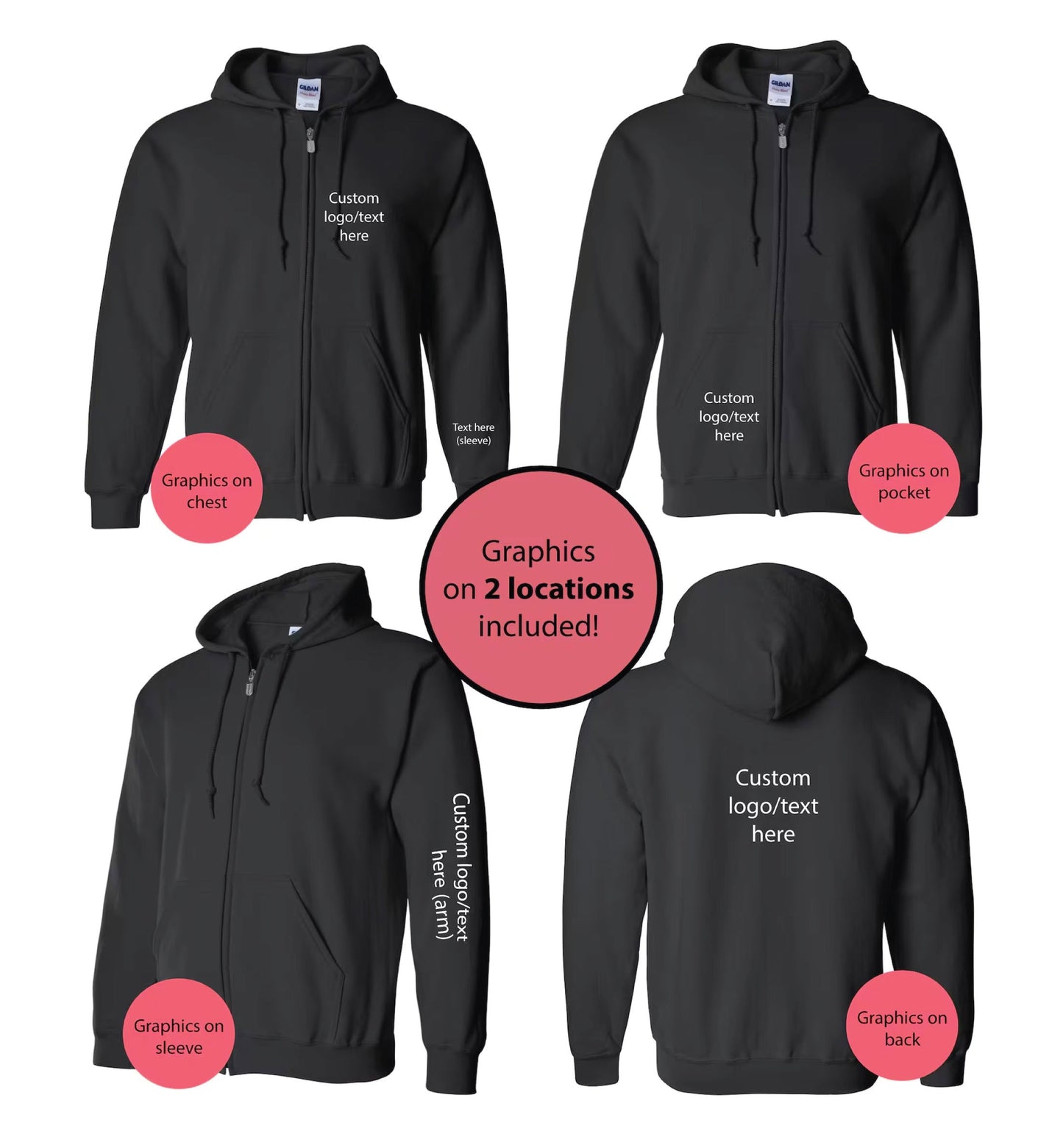 Custom hoodie with zipper - Full zip hoodie with logo - Graphics Hoodies with zipper - Hoodie with graphics on sleeve, back , pocket