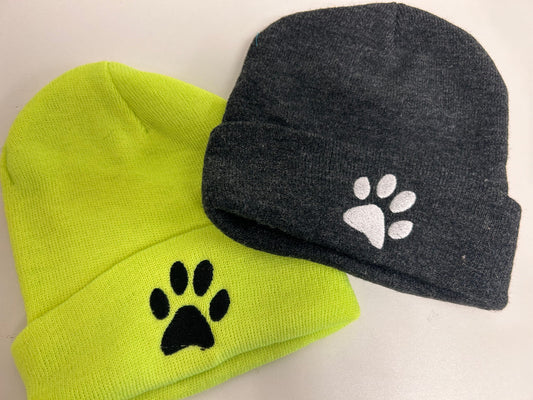 Paw print embroidered toques - winter toques - custom toques with paw print embroidery