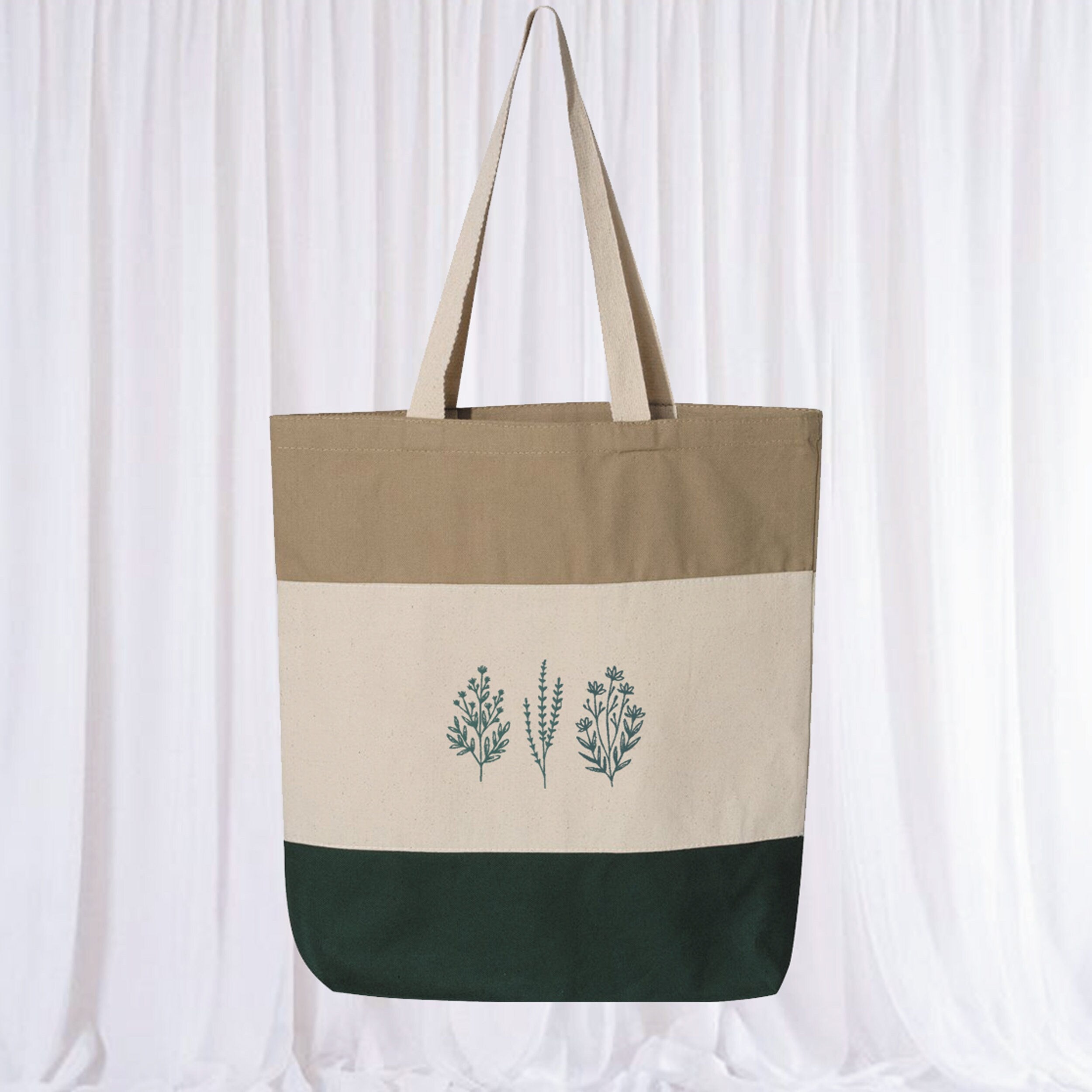 Embroidered 3 colour tote wild flower embroidery bag natural forest khaki