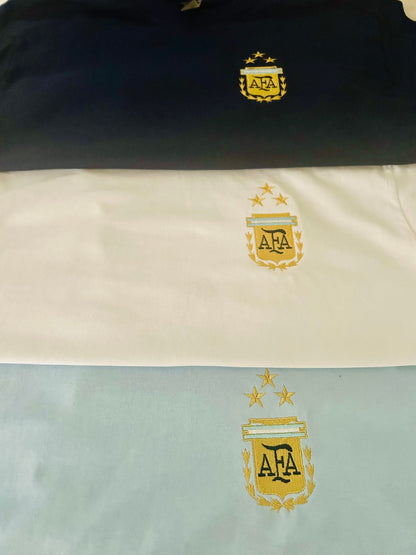 Argentina - AFA logo - 3 stars - embroidered t-shirt - White, light blue, navy - Argentina jersey embroidered