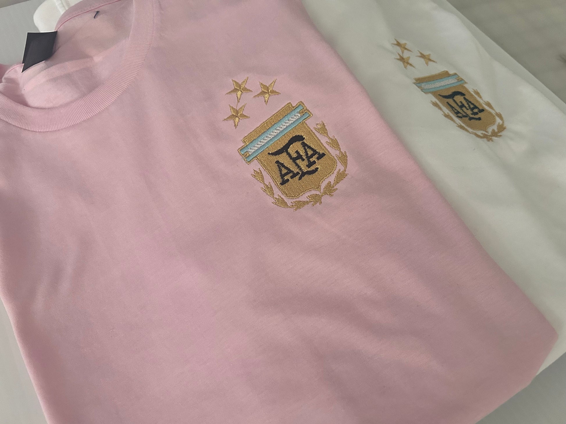 Argentina - AFA logo - 3 stars - embroidered t-shirt - White, light blue, navy - Argentina jersey embroidered