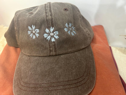 3 Flowers - Embroidered Dad Cap -  Pigment-Dyed Cap - dad cap - custom hat, custom cap, ladies cap, unisex cap