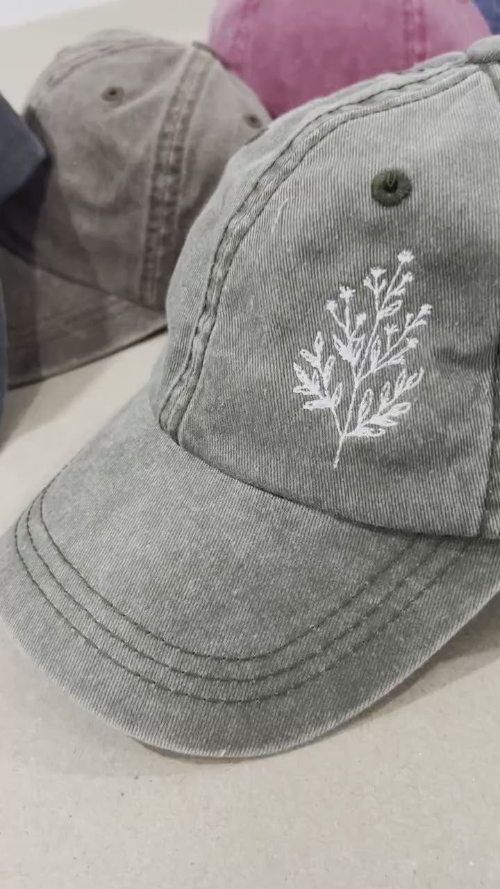 Flower Embroidered Dad Cap -  Pigment-Dyed Cap - dad cap - custom hat, custom cap, ladies cap, unisex cap - boho cap - hat - unstructured